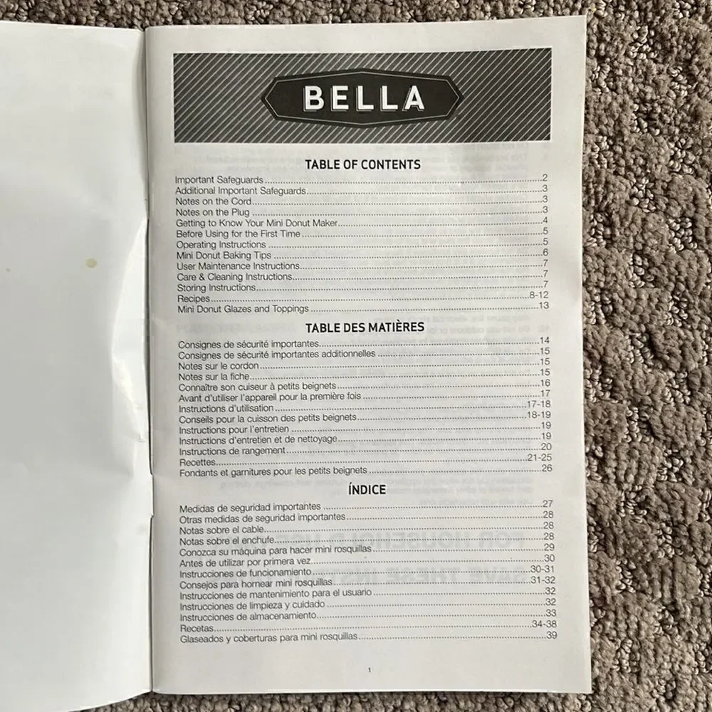 Bella Mini Donut Maker. Instruction Manual/Recipe book included.